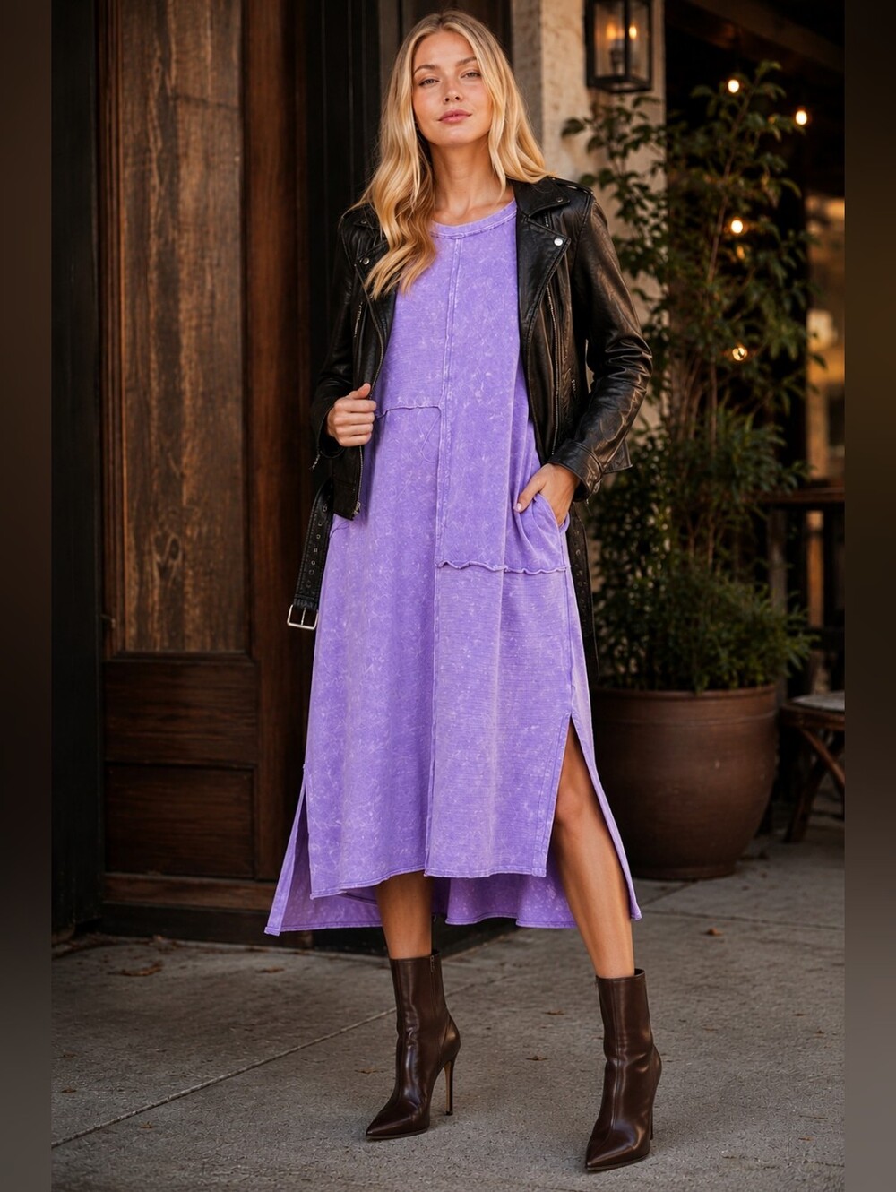 Lavender High-Low Washed Midi Dress with Side Slits
